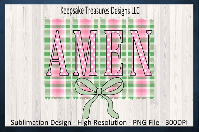 Amen, Pastel Gingham, Inspirational T-Shirt Design, Coquette Bow, Sublimation PNG Design, Digital Download Sublimation Keepsake Treasures Designs LLC. 