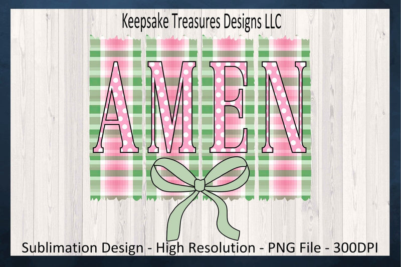 Amen, Pastel Gingham, Inspirational T-Shirt Design, Coquette Bow, Sublimation PNG Design, Digital Download Sublimation Keepsake Treasures Designs LLC. 