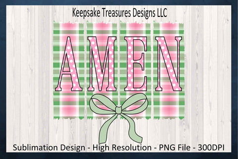 Amen, Pastel Gingham, Inspirational T-Shirt Design, Coquette Bow, Sublimation PNG Design, Digital Download Sublimation Keepsake Treasures Designs LLC. 