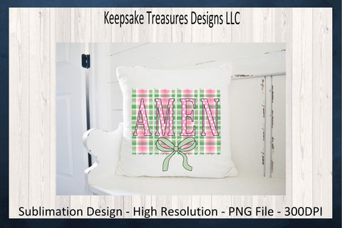 Amen, Pastel Gingham, Inspirational T-Shirt Design, Coquette Bow, Sublimation PNG Design, Digital Download Sublimation Keepsake Treasures Designs LLC. 