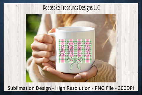 Amen, Pastel Gingham, Inspirational T-Shirt Design, Coquette Bow, Sublimation PNG Design, Digital Download Sublimation Keepsake Treasures Designs LLC. 