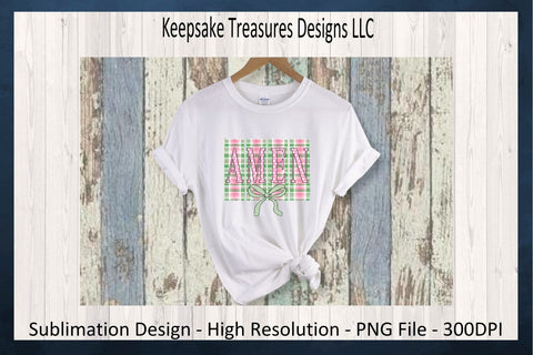 Amen, Pastel Gingham, Inspirational T-Shirt Design, Coquette Bow, Sublimation PNG Design, Digital Download Sublimation Keepsake Treasures Designs LLC. 