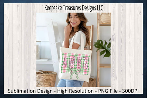 Amen, Pastel Gingham, Inspirational T-Shirt Design, Coquette Bow, Sublimation PNG Design, Digital Download Sublimation Keepsake Treasures Designs LLC. 