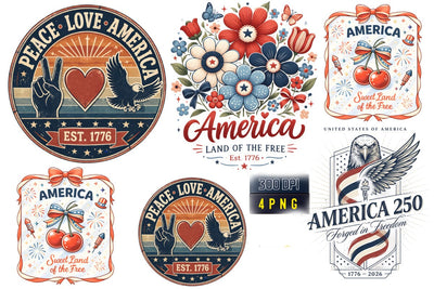 America 250, Patriotic USA Clipart Bundle, 4th of July PNG, Vintage Americana Design, Peace Love America, Sweet Land of the Free, Eagle Graphic, Est 1776, Independence Day Sublimation, Red White Blue Art Pack Sublimation BlackCatsMedia 