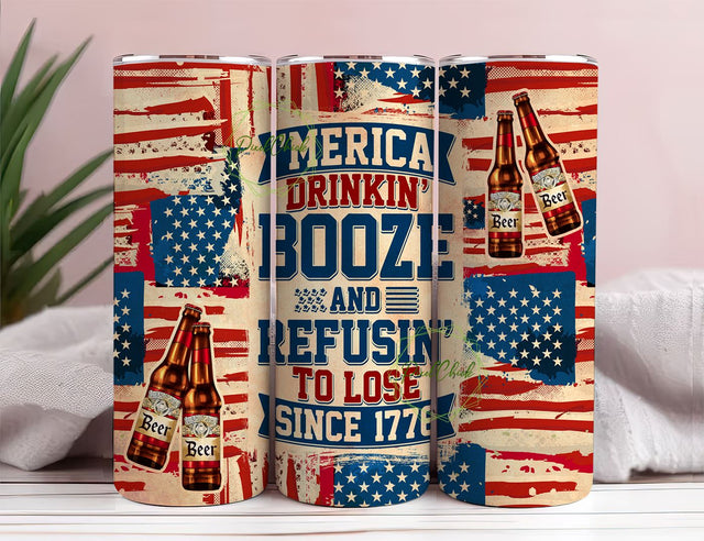 America drinking booze with flag 20 oz skinny tumbler png sublimation design download, USA tumbler wrap png, 20 oz tumbler designs, download Sublimation PixelChick 