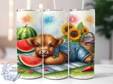 America Highland Cow 20oz Skinny Tumbler, 4th Of July Tumbler Png, Straight & Tapered Tumbler Wrap, Instant Digital Download Sublimation ToriDesigns 