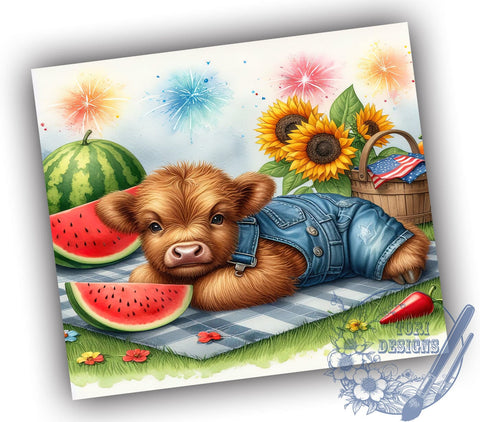 America Highland Cow 20oz Skinny Tumbler, 4th Of July Tumbler Png, Straight & Tapered Tumbler Wrap, Instant Digital Download Sublimation ToriDesigns 