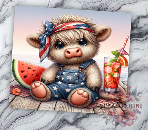 America Highland Cow 20oz Tumbler Wrap PNG, 4th Of July Tumbler Png, Straight & Tapered Tumbler Wrap, Instant Digital Download Sublimation Li Zamperini 
