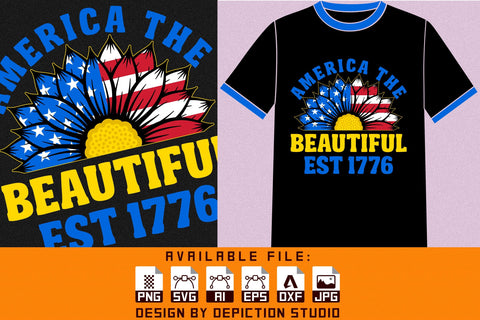 America The Beautiful Est 1776 T-Shirt, 4th Of July Sunflower T-Shirt Print Template Sketch DESIGN Depiction Studio 