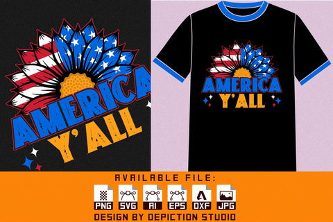 America Y'all Sunflower T-Shirt, 4th Of July Sunflower Shirt Print Template Sketch DESIGN Depiction Studio 