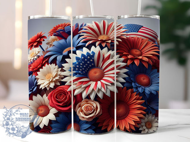 American Bloom Patriotic Floral Tumbler, American Flower Design, Flag Floral Pattern, USA Flower Cup, Patriotic Garden Art, American Botanical Design, Flag Bloom Tumbler Sublimation ToriDesigns 