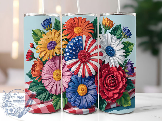 American Bloom Patriotic Floral Tumbler, American Flower Design, Flag Floral Pattern, USA Flower Cup, Patriotic Garden Art, American Botanical Design, Flag Bloom Tumbler Sublimation ToriDesigns 