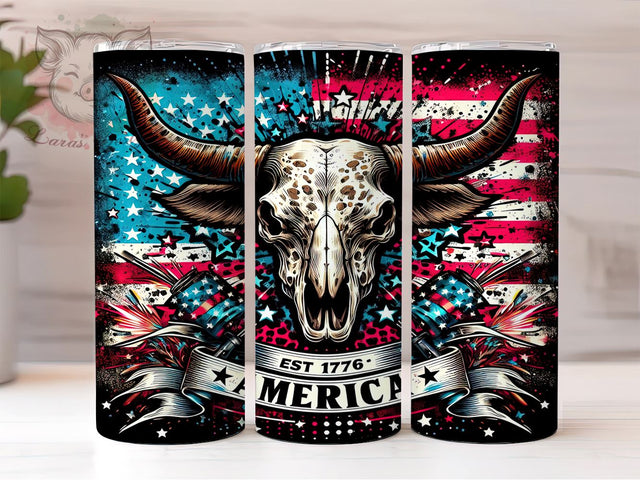 American Cowskull 20oz Tumbler Png, Straight & Tapered Tumbler Png, Est 1776 America Tumbler Png, Digital Download PNG Sublimation Lara' s Designs 