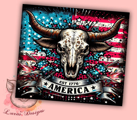 American Cowskull 20oz Tumbler Png, Straight & Tapered Tumbler Png, Est 1776 America Tumbler Png, Digital Download PNG Sublimation Lara' s Designs 