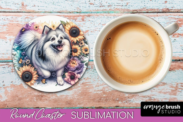 American Eskimo Dog Round Coaster - Dog Mom Floral Coaster Sublimation Sublimation OrangeBrushStudio 