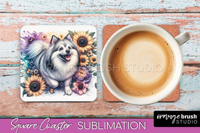 American Eskimo Dog Square Coaster - Dog Mom Floral Coaster Sublimation Sublimation OrangeBrushStudio 