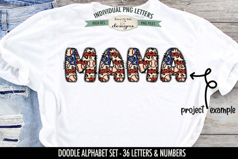 American Flag Baseball Doodle Alphabet & Numbers | PNG Files Sublimation Ewe-N-Me Designs 