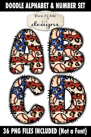 American Flag Baseball Doodle Alphabet & Numbers | PNG Files Sublimation Ewe-N-Me Designs 