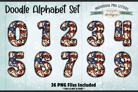 American Flag Baseball Doodle Alphabet & Numbers | PNG Files Sublimation Ewe-N-Me Designs 