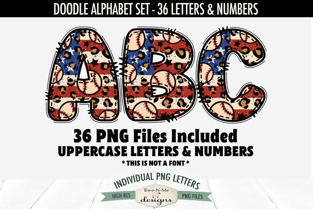 American Flag Baseball Doodle Alphabet & Numbers | PNG Files Sublimation Ewe-N-Me Designs 
