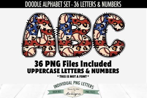 American Flag Baseball Doodle Alphabet & Numbers | PNG Files Sublimation Ewe-N-Me Designs 