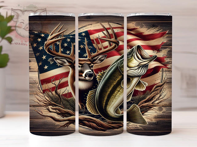 American Flag Bass Fishing Tumbler Wrap, Patriotic Deer Sublimation Design, 20oz Skinny Tumbler Wrap, Hunting and Fishing Tumbler Art, USA Wildlife Gift Idea, Bass Fishing Tumble Sublimation Lara' s Designs 