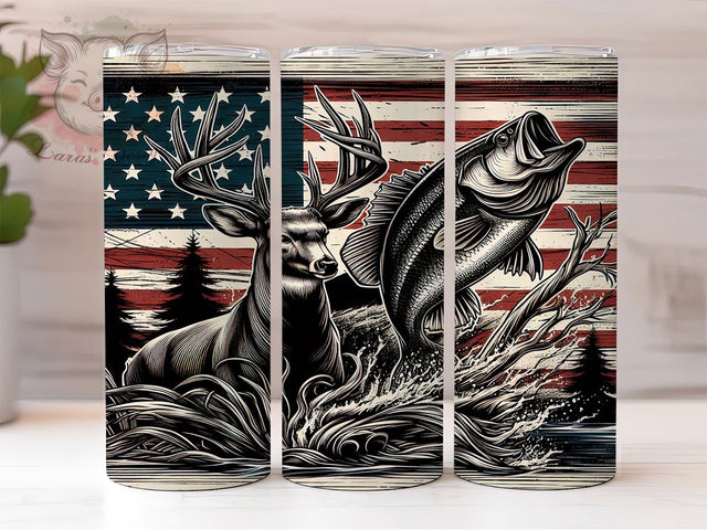 American Flag Bass Fishing Tumbler Wrap, Patriotic Deer Sublimation Design, 20oz Skinny Tumbler Wrap, Hunting and Fishing Tumbler Art, USA Wildlife Gift Idea, Bass Fishing Tumble Sublimation Lara' s Designs 