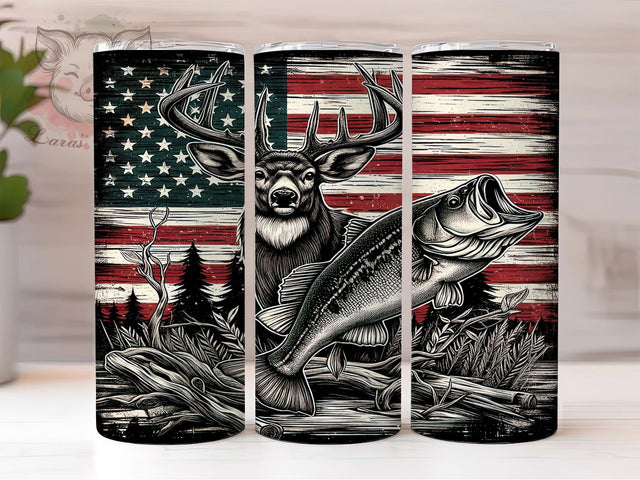 American Flag Bass Fishing Tumbler Wrap, Patriotic Deer Sublimation Design, 20oz Skinny Tumbler Wrap, Hunting and Fishing Tumbler Art, USA Wildlife Gift Idea, Bass Fishing Tumble Sublimation Lara' s Designs 