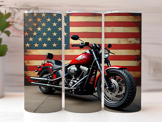 American Flag Biker 20oz Patriotic Tumbler, American Flag Design, Motorcycle Tumbler, Sublimation Wrap, 20oz Tumbler, Patriotic Gift, Biker Drinkware, USA Theme Sublimation Lara' s Designs 