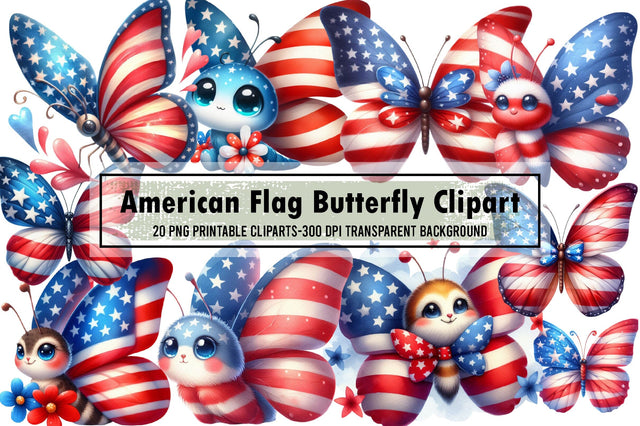 American Flag Butterfly Clipart Bundle Sublimation designartist 