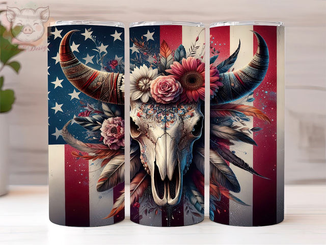 American flag Cow Skull 20oz Tumbler Png, Straight & Tapered Tumbler Png, Western Cow Skull Tumbler Png, Digital Download PNG Sublimation Lara' s Designs 