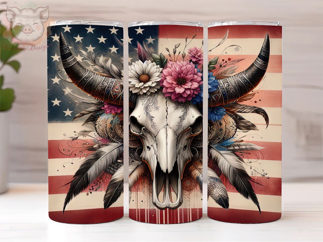 American flag Cow Skull 20oz Tumbler Png, Straight & Tapered Tumbler Png, Western Cow Skull Tumbler Png, Digital Download PNG Sublimation Lara' s Designs 