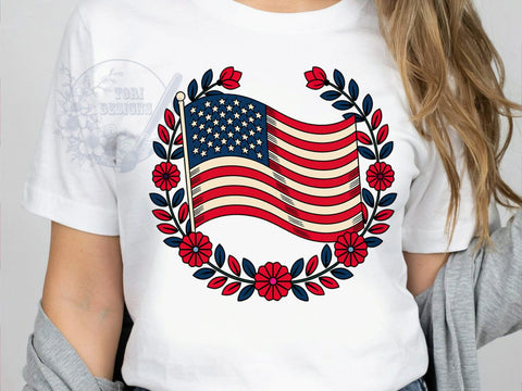 American Flag Floral T-Shirt PNG, Flag Floral, Patriotic Style, Red White Blue, Nature Vibes, Sublimation PNG, Statement Shirt, Holiday Fashion Sublimation ToriDesigns 