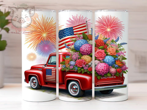 American Flag Floral Truck 20oz Tumbler Png, Straight & Tapered Tumbler Png, 4th of July Tumbler Png, Digital Download PNG Sublimation Lara' s Designs 