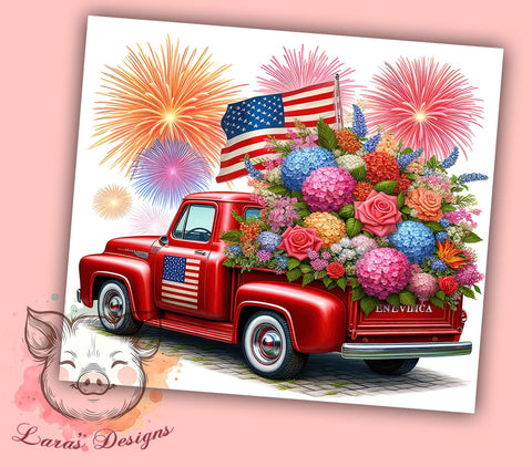 American Flag Floral Truck 20oz Tumbler Png, Straight & Tapered Tumbler Png, 4th of July Tumbler Png, Digital Download PNG Sublimation Lara' s Designs 