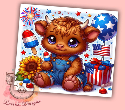 American Flag Highland Cow 20oz Tumbler Png, Straight & Tapered Tumbler Png, 4th of July Tumbler Png, Digital Download PNG Sublimation Lara' s Designs 