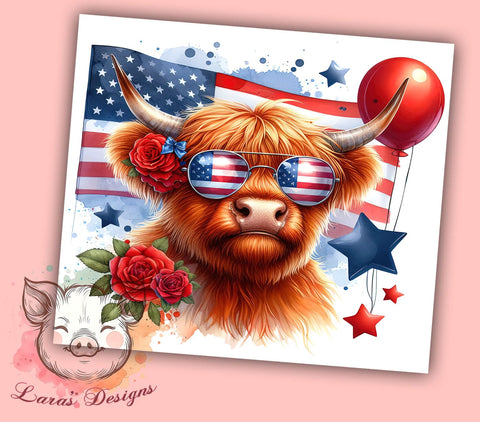 American Flag Highland Cow 20oz Tumbler Png, Straight & Tapered Tumbler Png, 4th of July Tumbler Png, Digital Download PNG Sublimation Lara' s Designs 