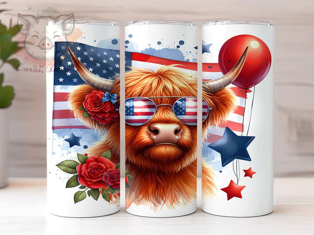 American Flag Highland Cow 20oz Tumbler Png, Straight & Tapered Tumbler Png, 4th of July Tumbler Png, Digital Download PNG Sublimation Lara' s Designs 