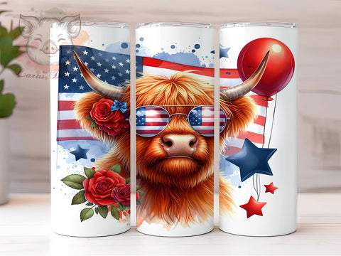 American Flag Highland Cow 20oz Tumbler Png, Straight & Tapered Tumbler Png, 4th of July Tumbler Png, Digital Download PNG Sublimation Lara' s Designs 