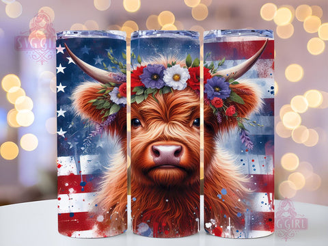American Flag Highland Cow 20oz Tumbler Wrap Sublimation Design, Straight Tapered Tumbler Wrap, Highland Cow Tumbler Png, Instant Digital Download Sublimation SvggirlplusArt 