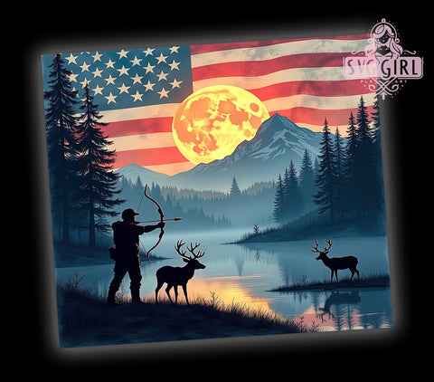 American Flag Hunting 20oz Tumbler Wrap, American Flag Tumbler, Hunting Scene, Nature Tumbler Wrap, 20oz Sublimation, Patriotic Drinkware, Outdoor Decor, Gift for Hunter Sublimation SvggirlplusArt 