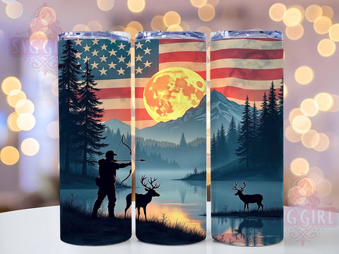 American Flag Hunting 20oz Tumbler Wrap, American Flag Tumbler, Hunting Scene, Nature Tumbler Wrap, 20oz Sublimation, Patriotic Drinkware, Outdoor Decor, Gift for Hunter Sublimation SvggirlplusArt 