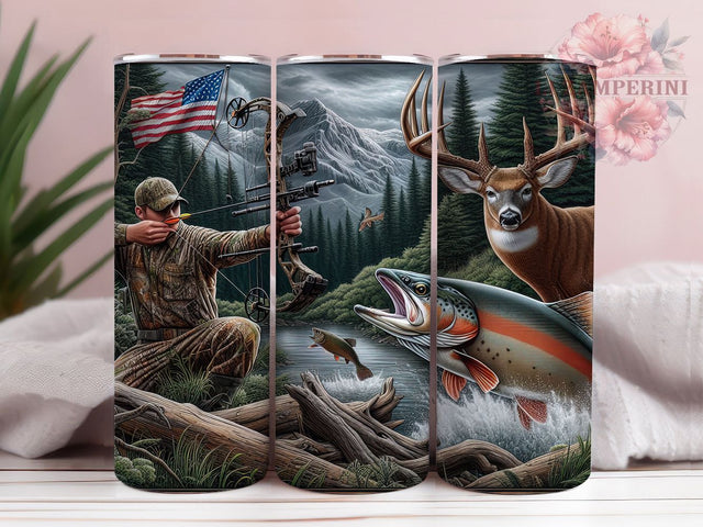 American Flag Hunting & Fishing Tumbler, Trout Fishing Tumbler, Deer Camo Tumbler, 20oz Hunting Wrap, Outdoor Sports Tumbler, Fishing Gift Tumbler, Seamless Camo Wrap Sublimation Li Zamperini 