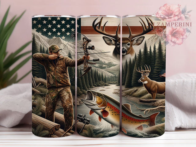American Flag Hunting & Fishing Tumbler, Trout Fishing Tumbler, Deer Camo Tumbler, 20oz Hunting Wrap, Outdoor Sports Tumbler, Fishing Gift Tumbler, Seamless Camo Wrap Sublimation Li Zamperini 