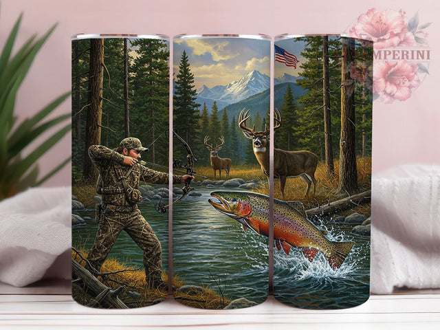 American Flag Hunting & Fishing Tumbler, Trout Fishing Tumbler, Deer Camo Tumbler, 20oz Hunting Wrap, Outdoor Sports Tumbler, Fishing Gift Tumbler, Seamless Camo Wrap Sublimation Li Zamperini 