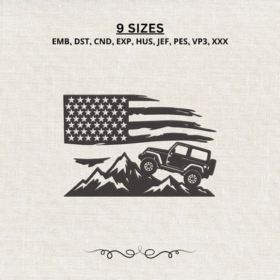 American Flag Jeep Embroidery Design – Off Road 4x4 Mountain Adventure Patriotic Machine Embroidery File Embroidery/Applique DESIGNS PatternFeed8 