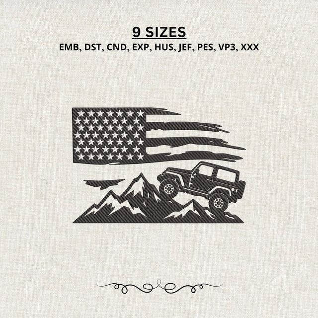 American Flag Jeep Embroidery Design – Off Road 4x4 Mountain Adventure Patriotic Machine Embroidery File Embroidery/Applique DESIGNS PatternFeed8 