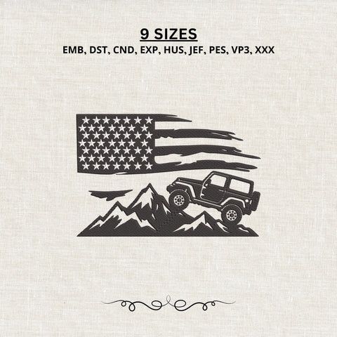 American Flag Jeep Embroidery Design – Off Road 4x4 Mountain Adventure Patriotic Machine Embroidery File Embroidery/Applique DESIGNS PatternFeed8 