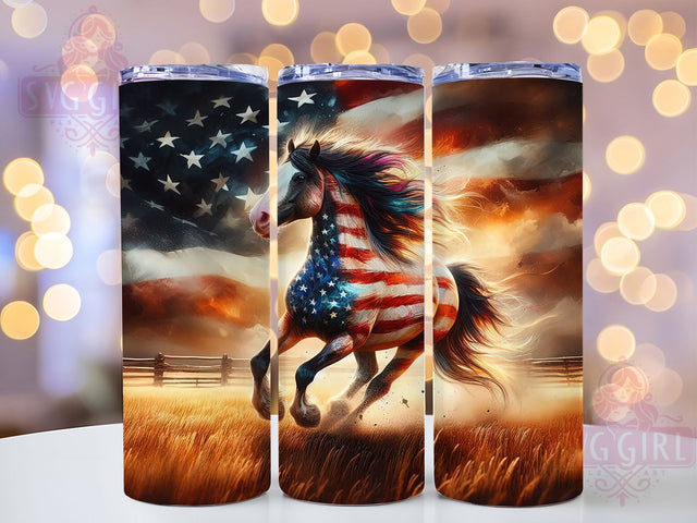American Flag Patriotic Horse Tumbler, Patriotic Equestrian Wrap, 20oz Tumbler Sublimation, USA Horse Art, Wild Mustang Design, Western Cowboy Gift, Stars and Stripes Tumbler Sublimation SvggirlplusArt 