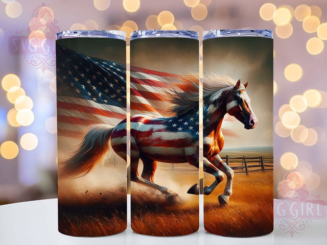 American Flag Patriotic Horse Tumbler, Patriotic Equestrian Wrap, 20oz Tumbler Sublimation, USA Horse Art, Wild Mustang Design, Western Cowboy Gift, Stars and Stripes Tumbler Sublimation SvggirlplusArt 